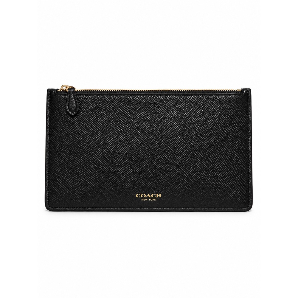 Coach Black Crossgrain Leather Slim Zipper Pouch Gold Hardware Minimalist Clutch
